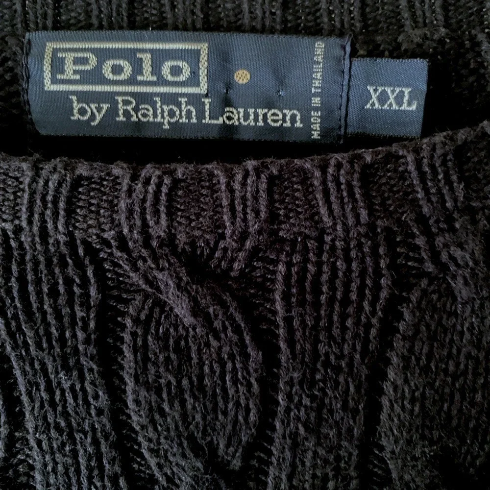 VTG‎ 90's Polo Ralph Lauren Black Cable Knit Cotton Crest Crew Neck Sweater XXL
